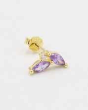 Eliza Lavender gold-plated sterling silver stud earring with purple gemstones, left ear view.