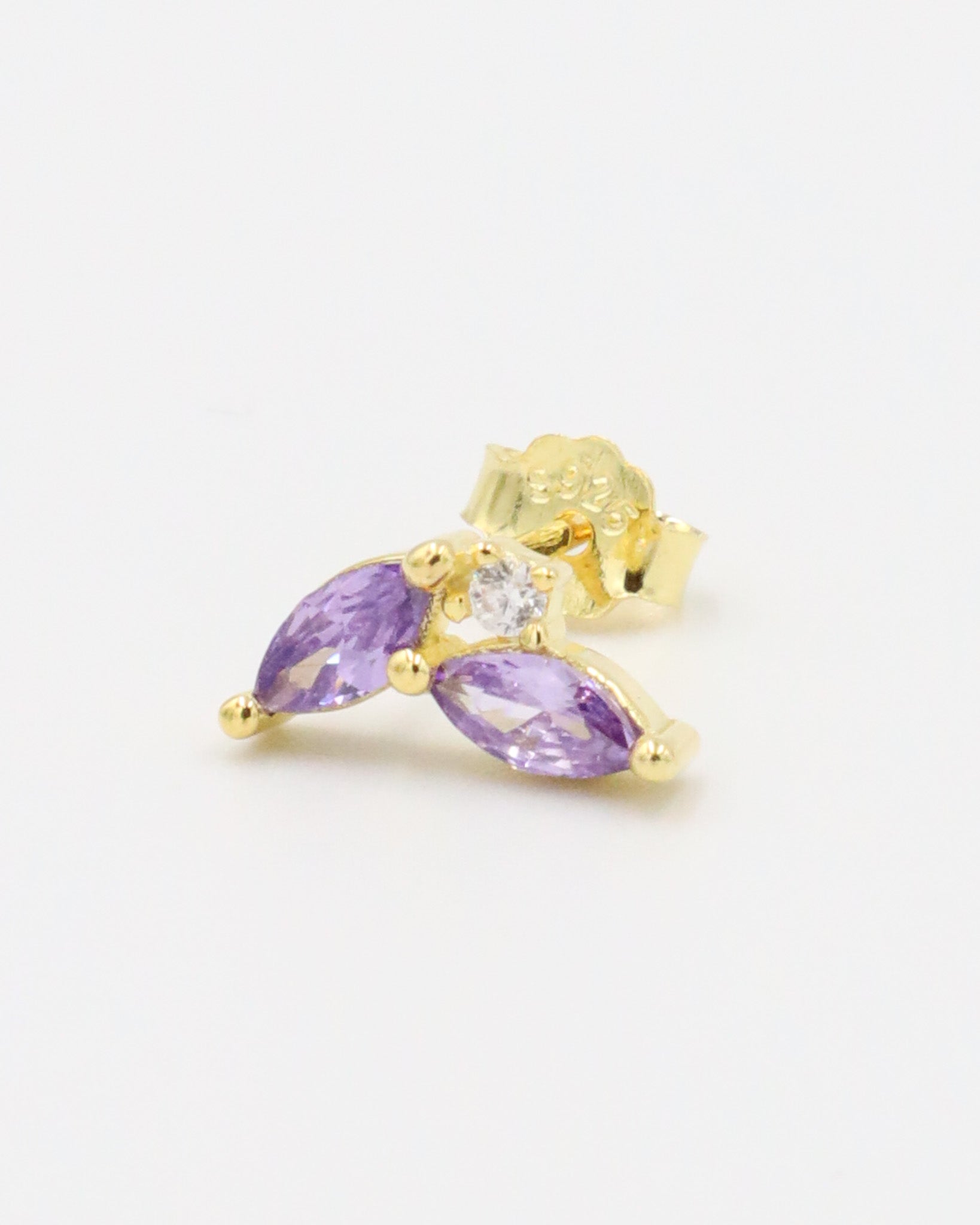 Eliza Lavender gold-plated sterling silver stud earring with purple gemstones, right ear view.