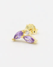 Eliza Lavender gold-plated sterling silver stud earring with purple gemstones, right ear view.