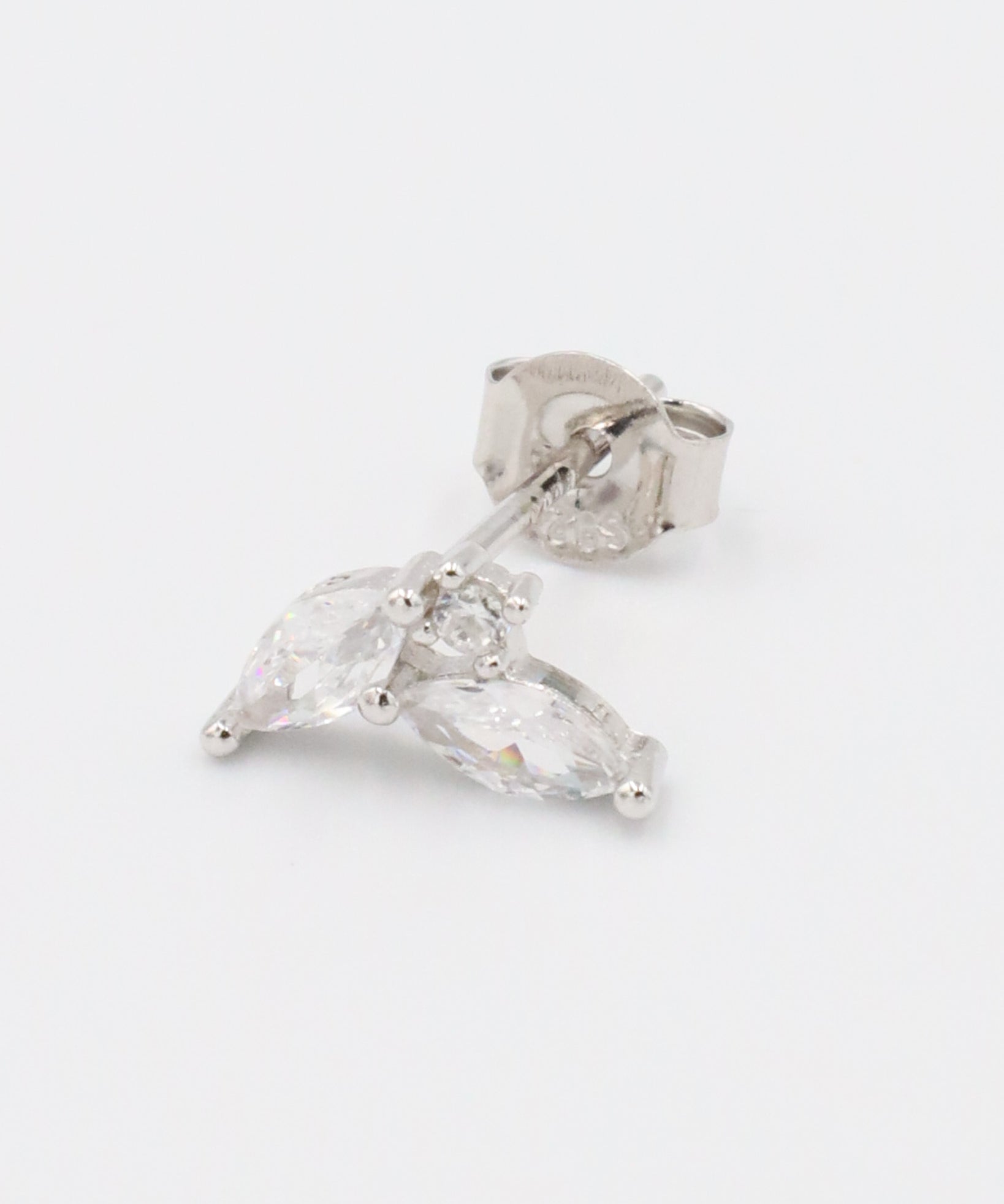 Eliza White Silver right ear stud made from sterling silver with marquise-cut white stones