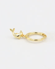 Single gold-plated sterling silver hoop earring with dolphin charm, left ear.
