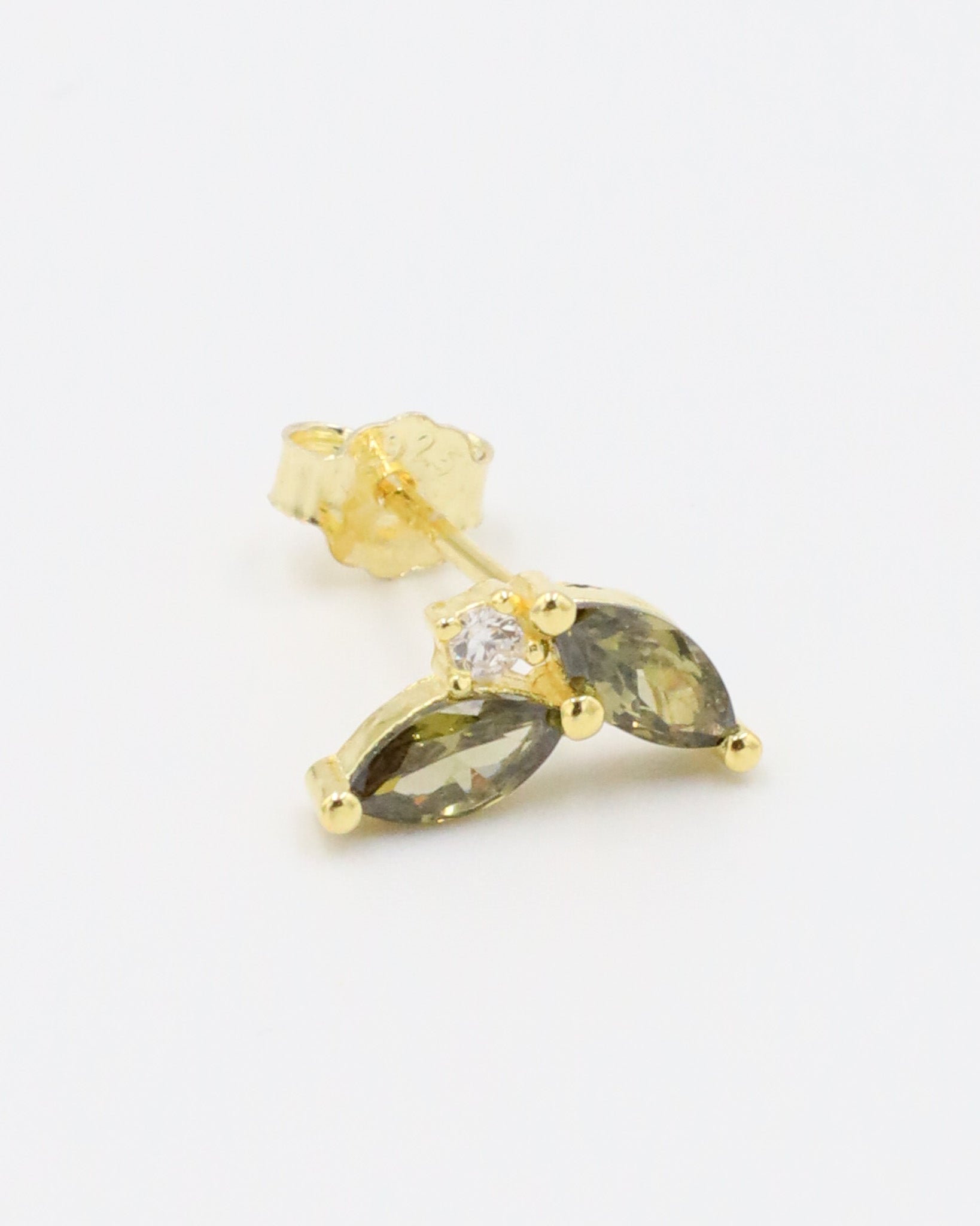 Single left Eliza Olive earring with olive marquise-cut stones and cubic zirconia.