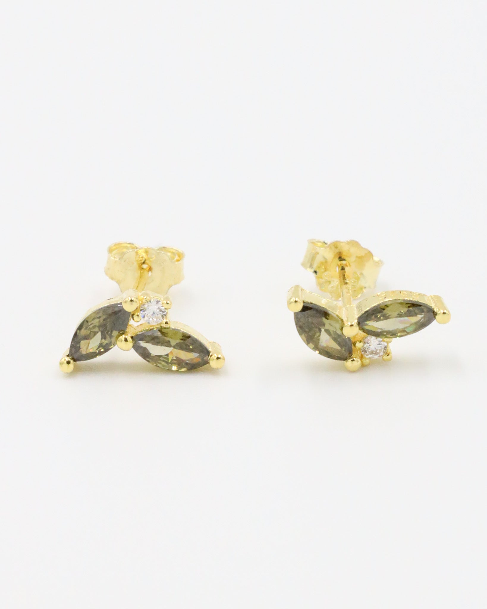 Pair of Eliza Olive earrings with olive marquise-cut stones and cubic zirconia.