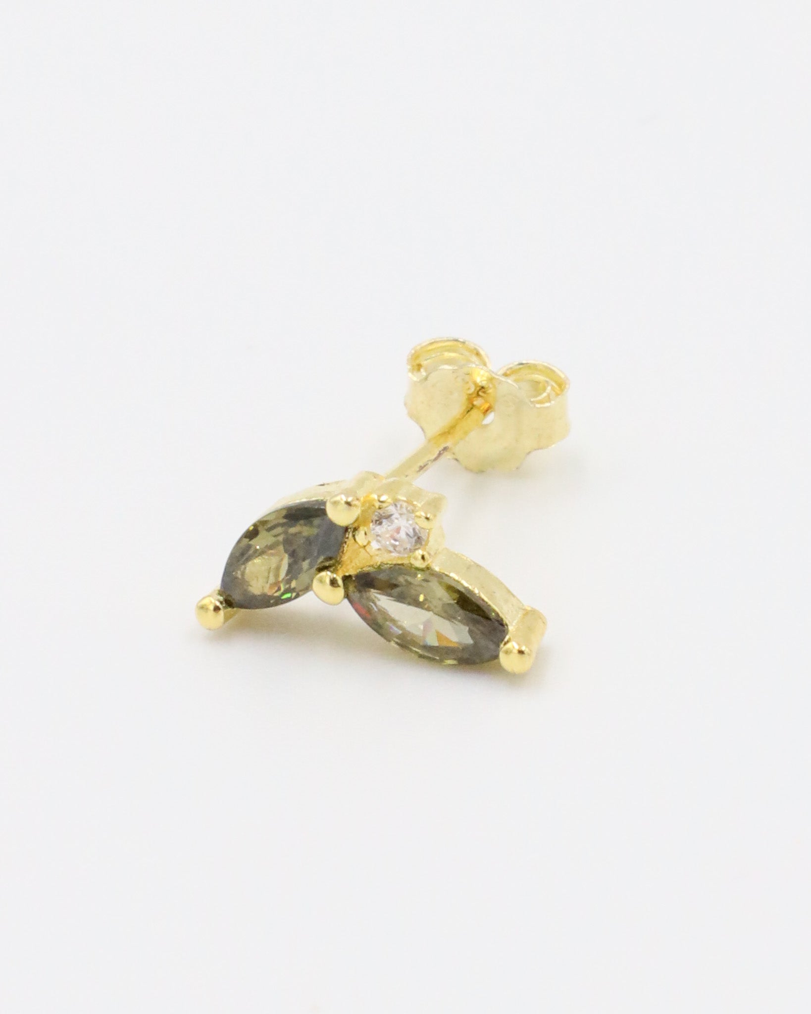 Single right Eliza Olive earring with olive marquise-cut stones and cubic zirconia.