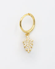 Gold-plated sterling silver hoop earring with leaf design and zirconia stones, front view