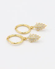 Pair of gold-plated sterling silver hoop earrings with leaf design and zirconia stones