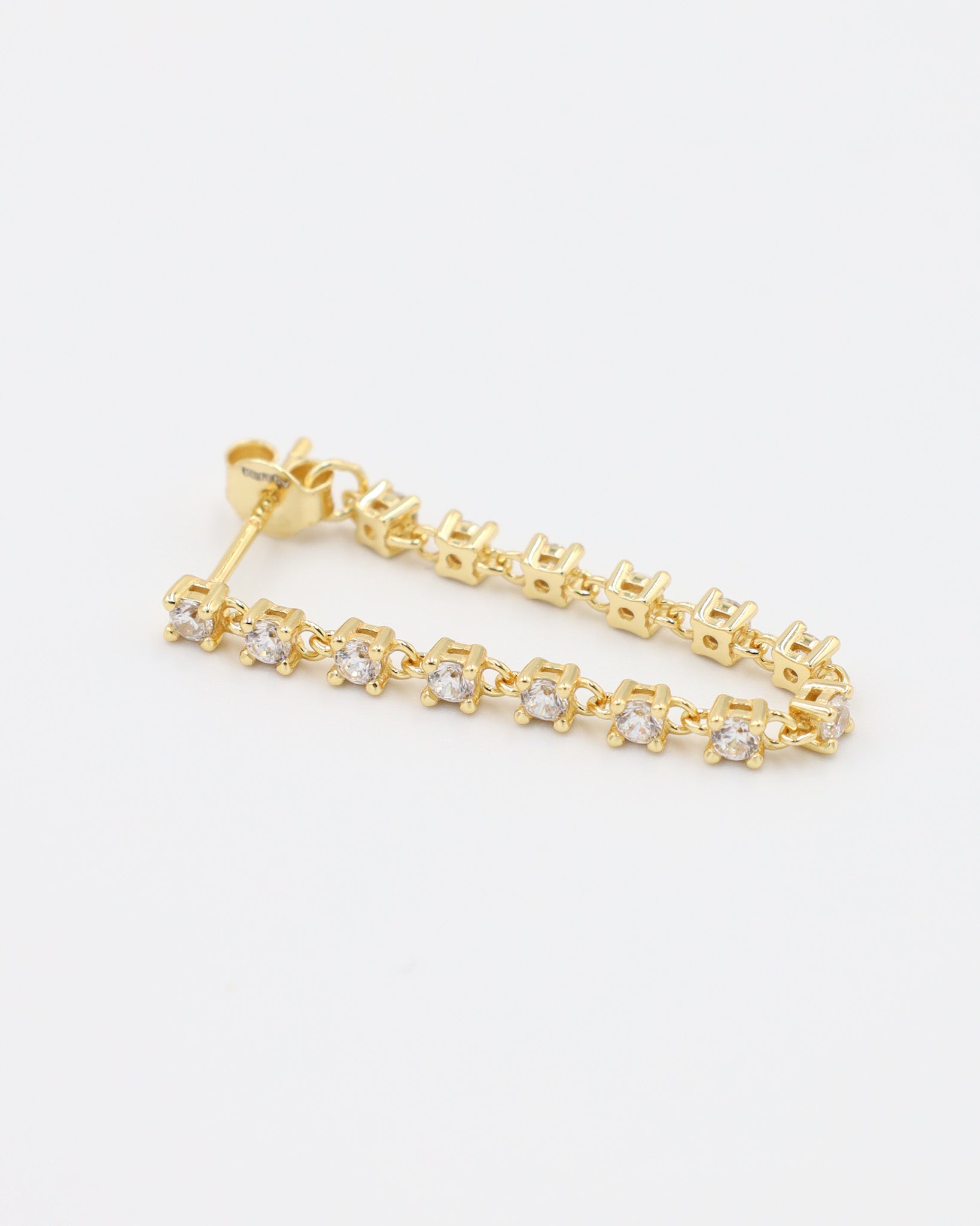 Side view of Shannon stud earring in gold-plated sterling silver with brilliant zirconia stones.