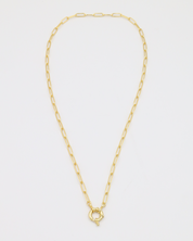 Full view of the gold-plated Hunter necklace with clasp.