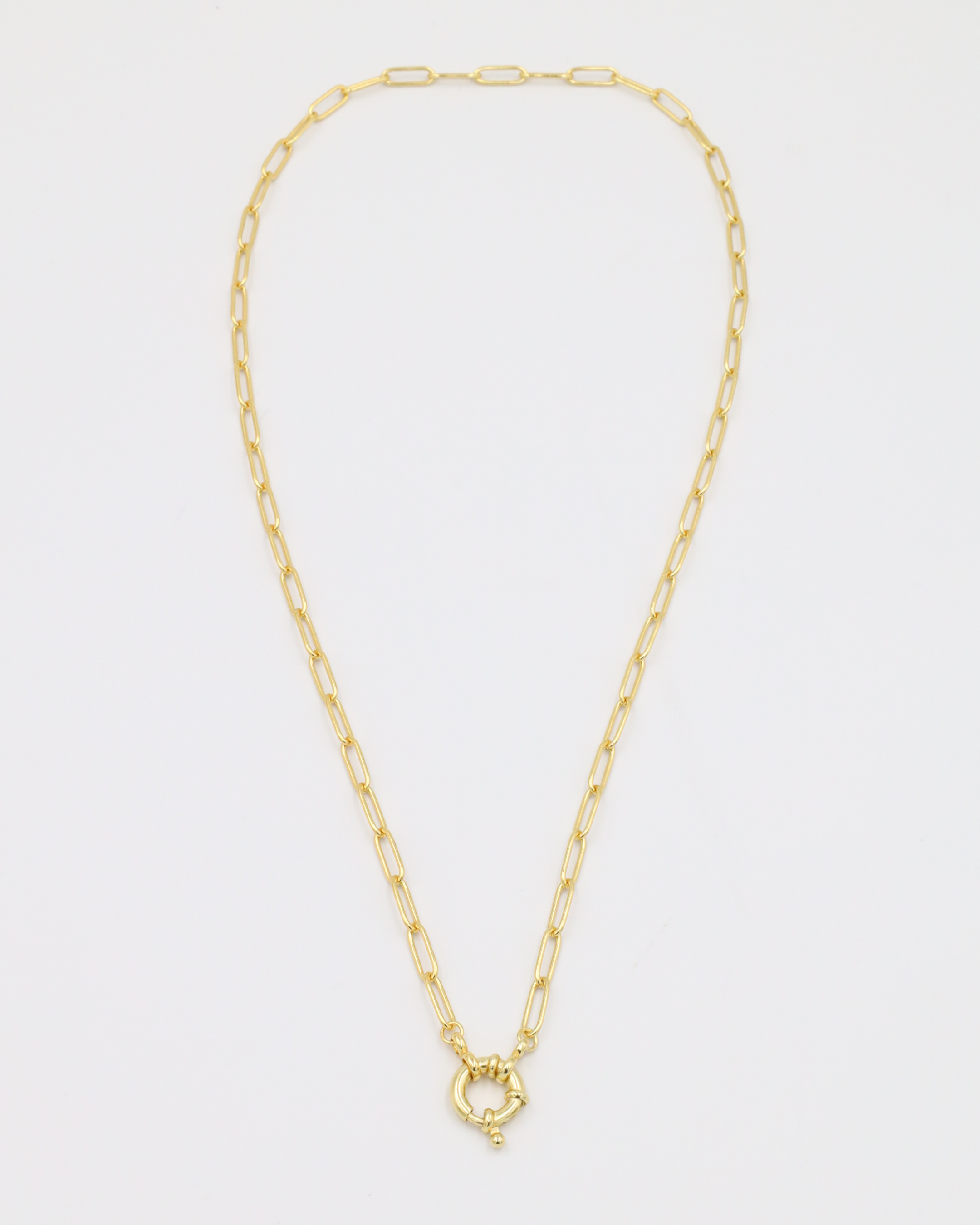 Full view of the gold-plated Hunter necklace with clasp.