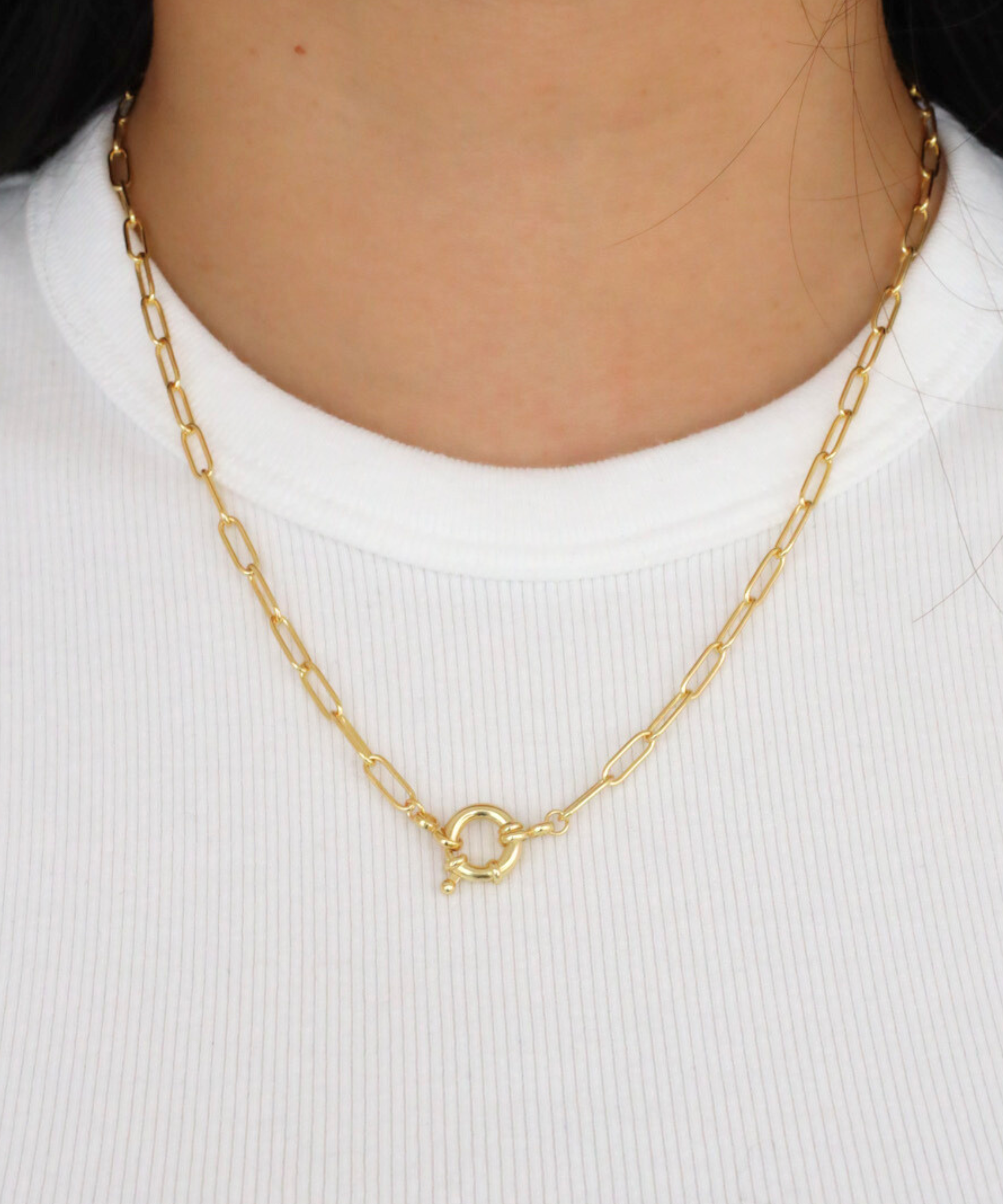 Gold-plated Hunter necklace with clasp worn on model's neck.