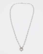 The full length of the Hunter Necklace in 925 sterling silver with a stylish circular clasp.