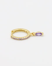 Single Kyiomi Purple earring crafted from gold-plated sterling silver, showcasing small purple zirconia stones along the hoop with a hanging marquise-shaped purple zirconia stone.