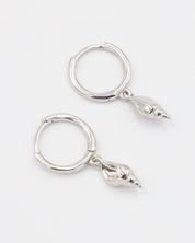Pair of Maddy silver shell earrings in 925 sterling silver, featuring delicate shell pendants.