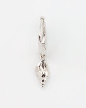 Front view of a single Maddy silver shell earring in 925 sterling silver with a shell pendant.
