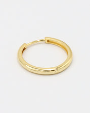 Rachele hoop earring angled view, made from gold-plated sterling silver with a polished surface.