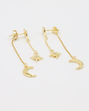 Single Reese earring in gold-plated sterling silver, featuring a delicate chain with a crescent moon and star detail.