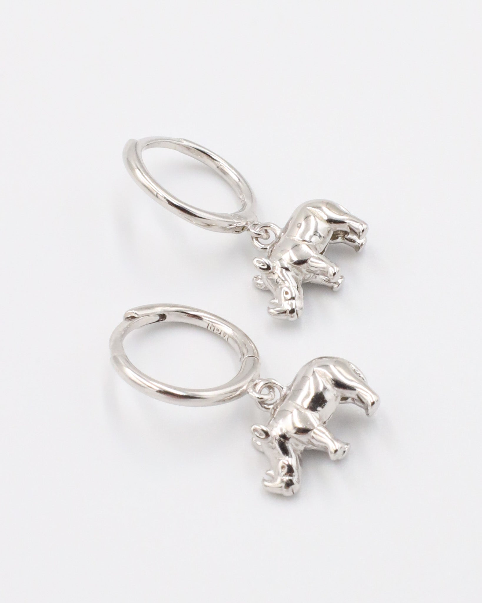 Sterling silver rhino hoop earring pair.