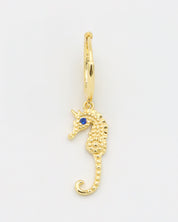 Single left Seahorse Gold earring with a gold-plated seahorse charm and blue zirconia eye.
