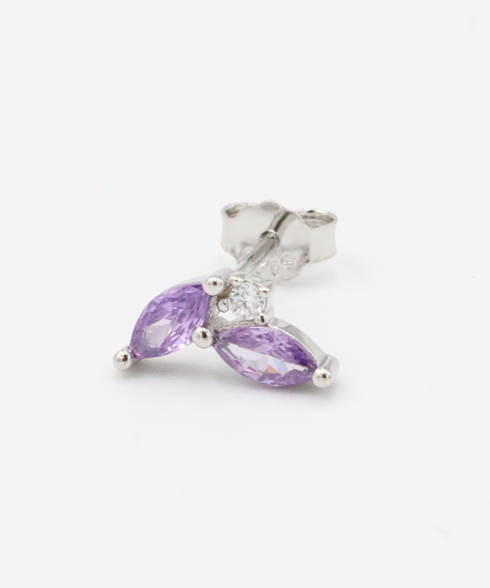 Sterling silver Eliza Purple Silver stud earring with marquise-cut purple zirconia and cubic zirconia accent, designed for the right ear.