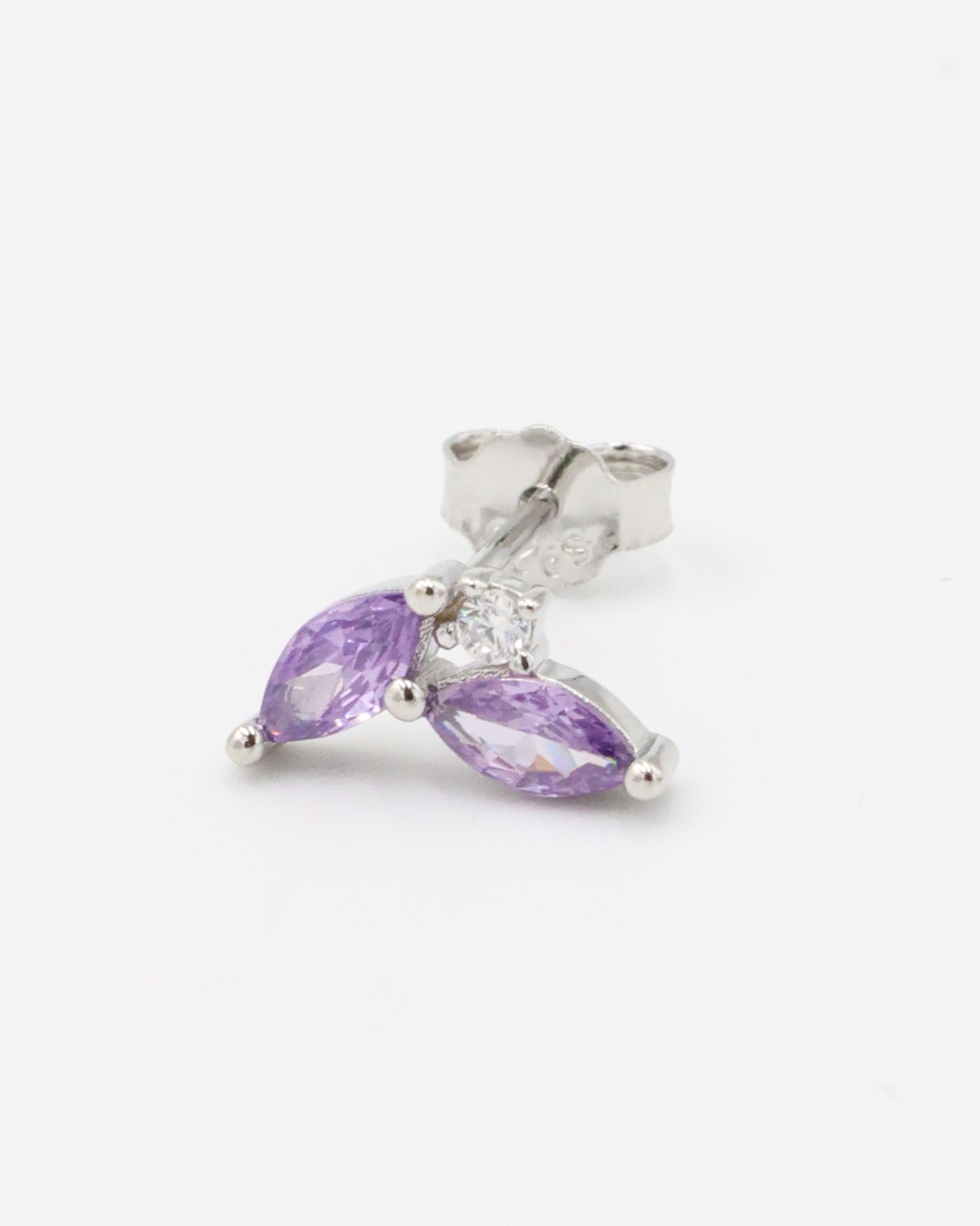 Sterling silver Eliza Purple Silver stud earring with marquise-cut purple zirconia and cubic zirconia accent, designed for the right ear.