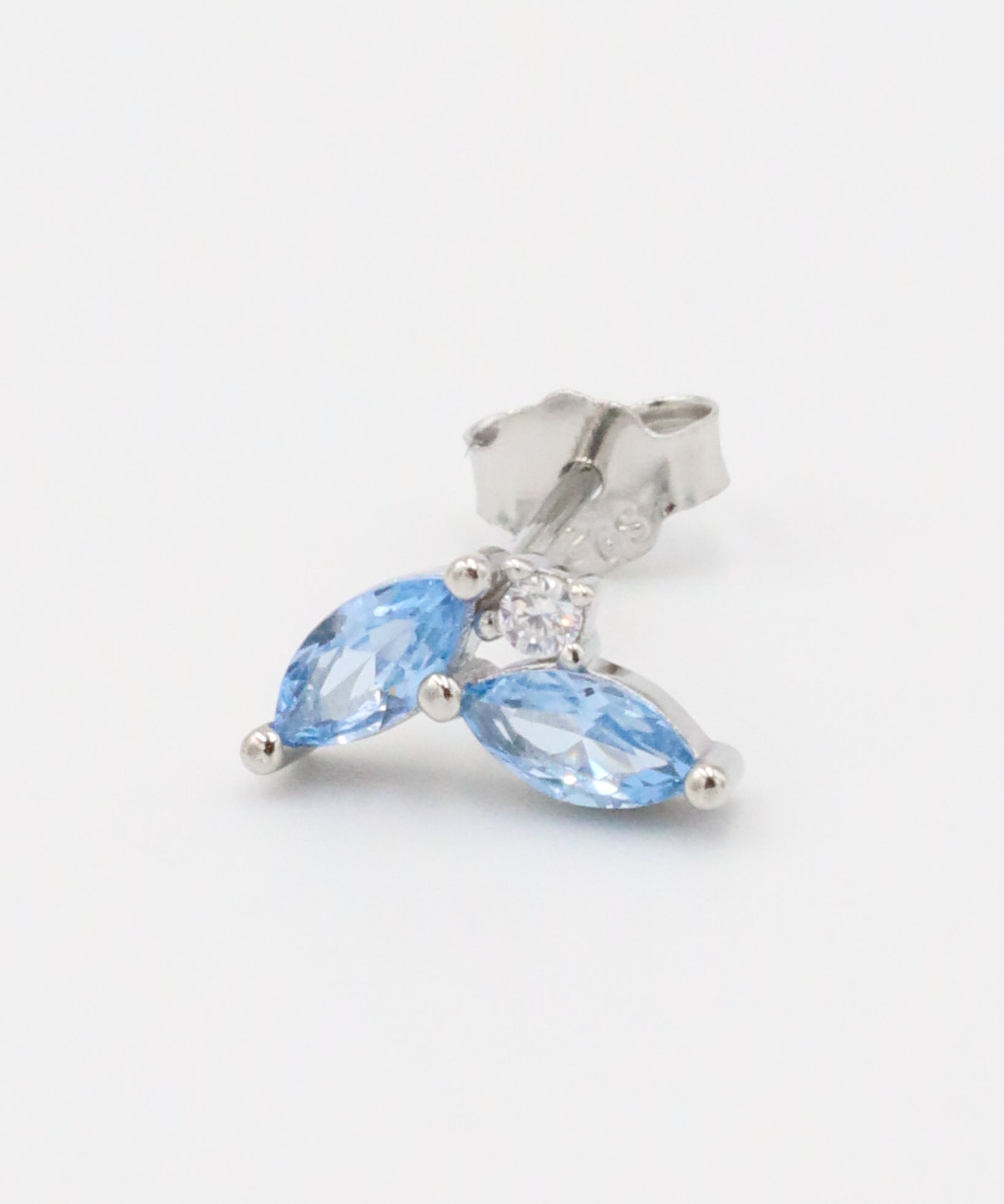 Close-up view of the right Eliza Blue Silver earring showcasing two blue zirconia stones and a silver post.