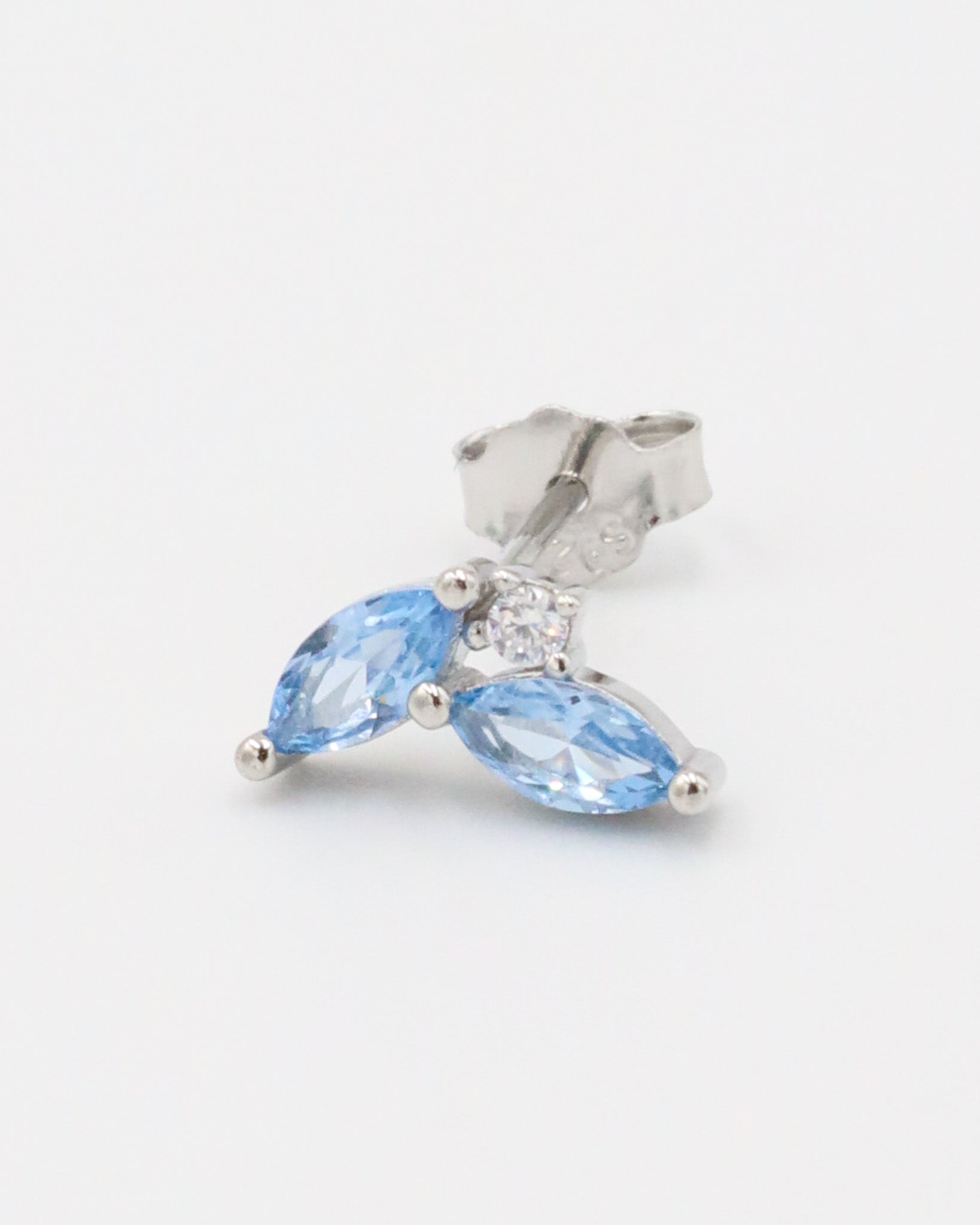 Close-up view of the right Eliza Blue Silver earring showcasing two blue zirconia stones and a silver post.