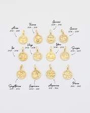 Labeled zodiac pendants in gold-plated sterling silver with zirconia stones, each symbol corresponding to the zodiac signs.