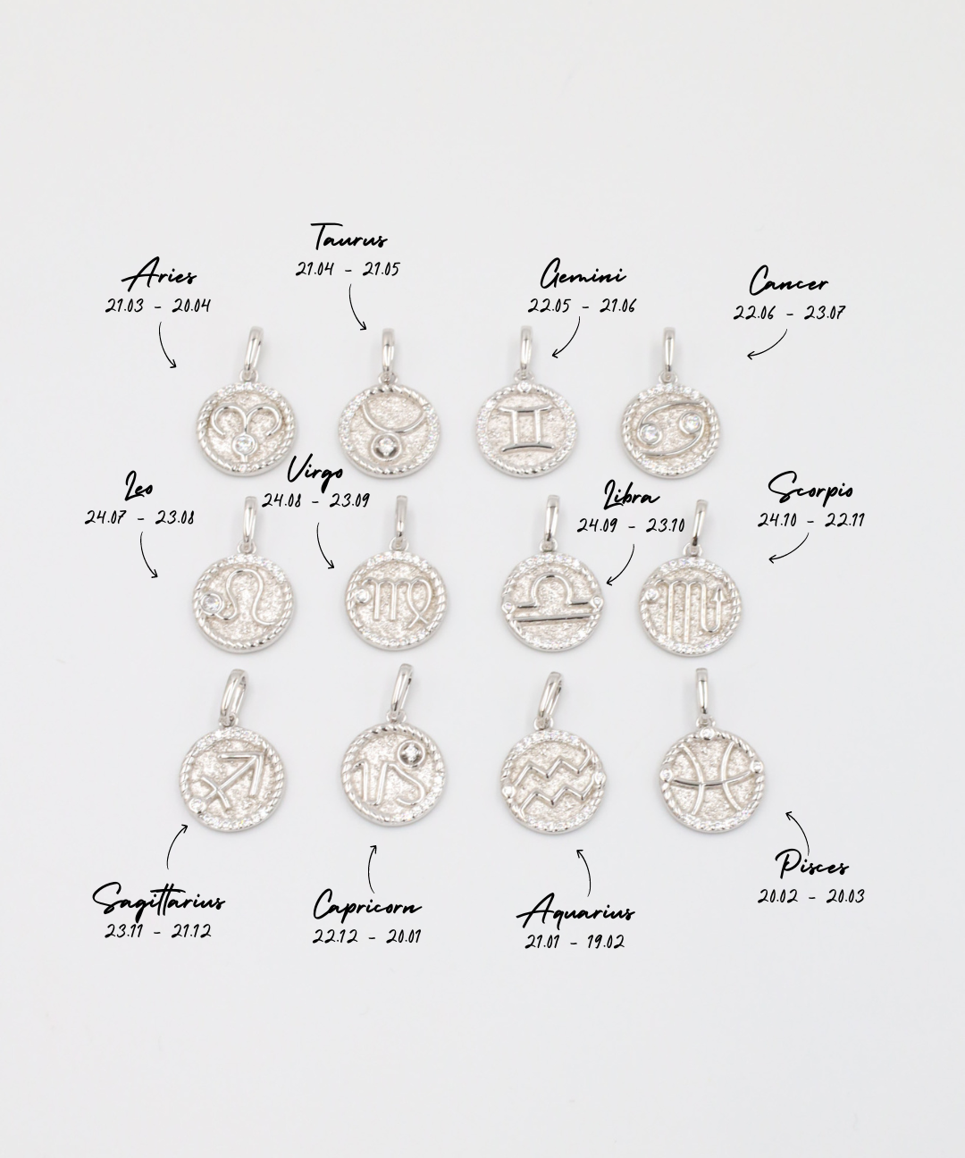 Complete Set of Rhodium Plated 925 Sterling Silver Zodiac Pendants Featuring Intricate Detailing and Zirconia Stones