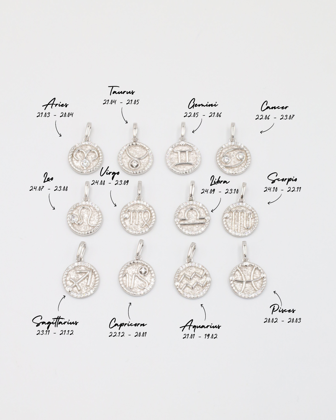 Complete Set of Rhodium Plated 925 Sterling Silver Zodiac Pendants Featuring Intricate Detailing and Zirconia Stones