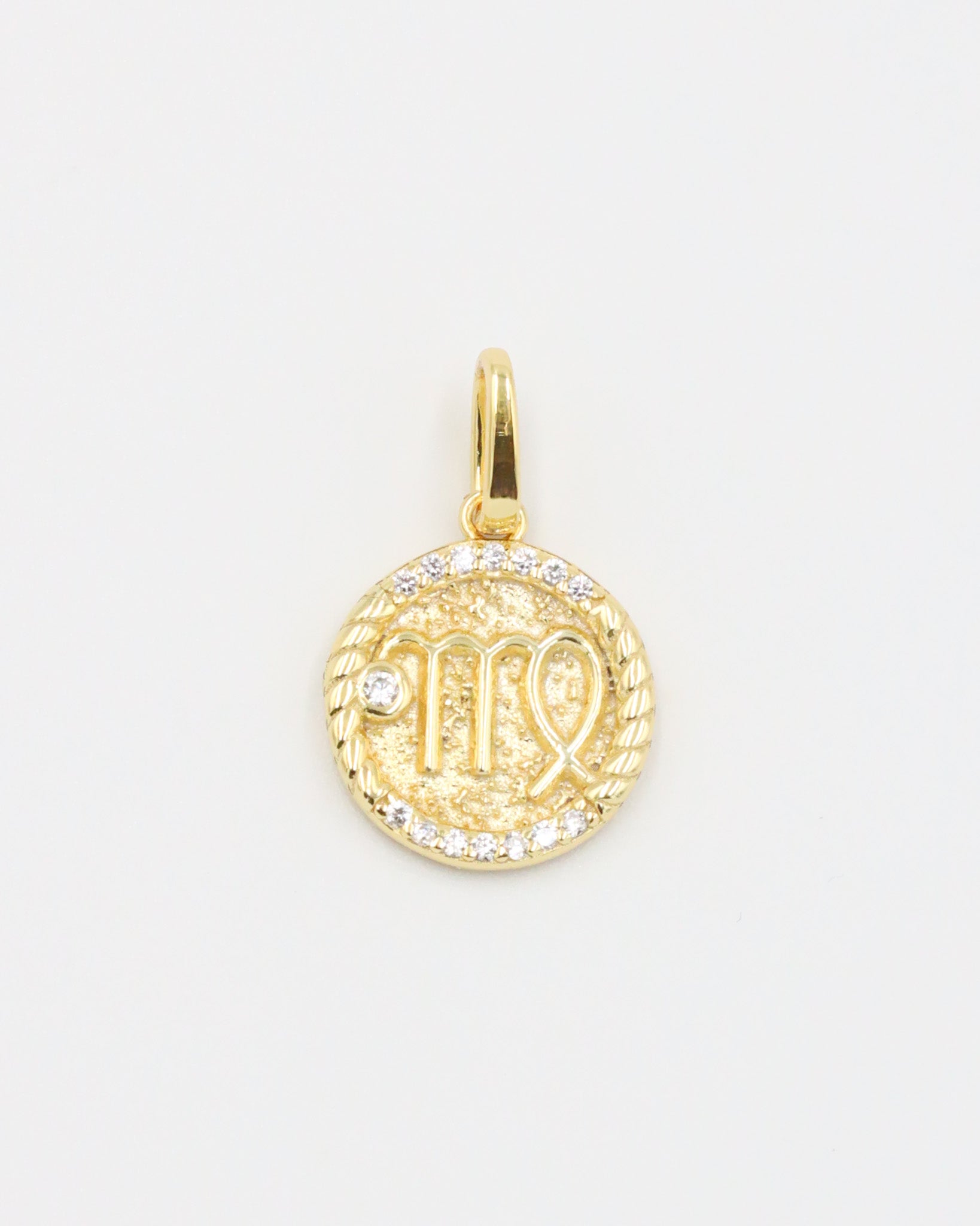 Gold-plated sterling silver Virgo zodiac pendant with sparkling zirconia stones.